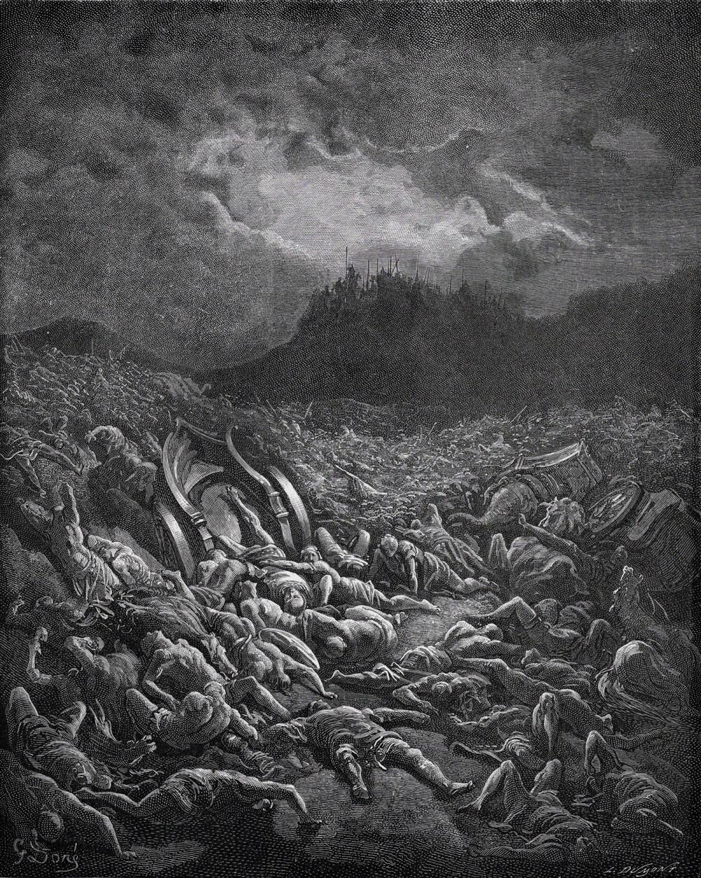 Gustave DORE 1800s Biblical Woodcut Ammonites & Moabites Destroyed SIGNED FRAMED