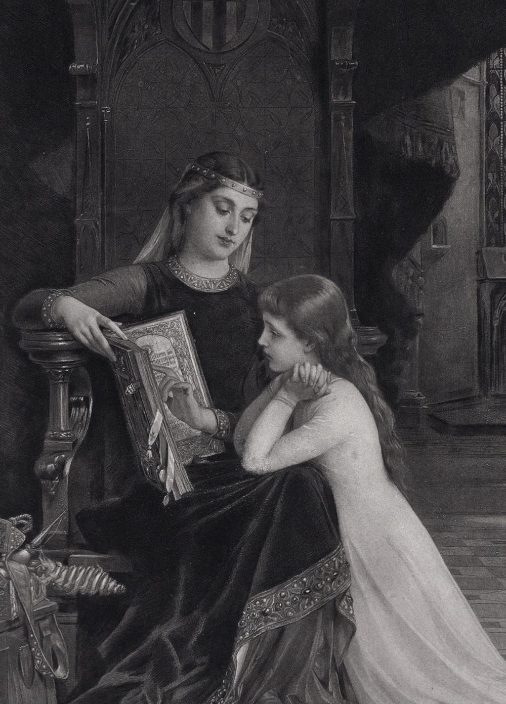Emile Munier 1800s Antique Print Mother & Daughter Praying Framed SIGNED