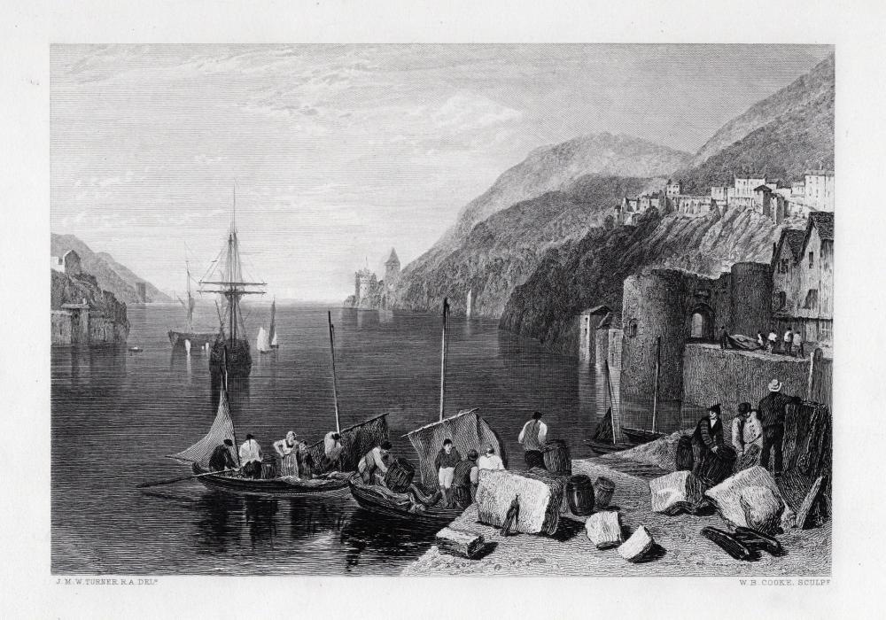 TURNER 1800s Antique Engraving Dartmouth on the River Dart Signed Framed