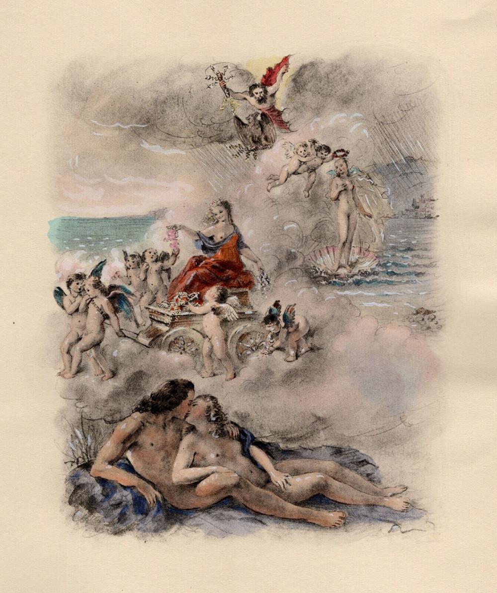 Original 1947 Paul-Emile Becat Nude Limited Lithograph The Eighth Kiss Framed