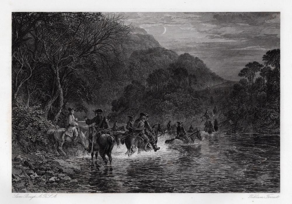 SIGNED 1800s SAMUEL BOUGH Engraving Rob Roy Escapes Framed