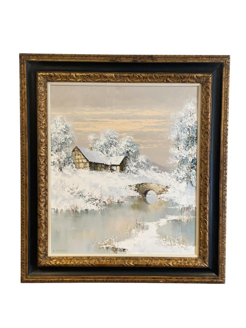 L. Bauer Snowy Landscape Oil Painting