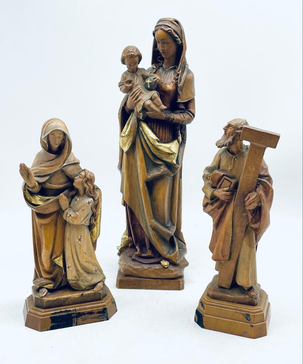 3 Hand Carved Religious Wooden Figures