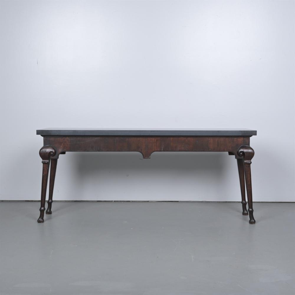 AN OAK SIDE TABLE WITH MARBLE TOP IN ANTIQUE PROVINCIAL MANNER (79H X 180W X 51D CM) (THIS ITEM MUST BE REMOVED BY THE CUSTOMER OR C...