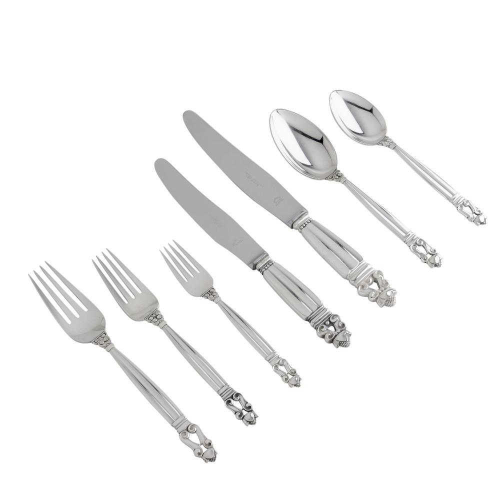 A GEORG JENSEN STERLING SILVER 'ACORN' PATTERN FLATWARE SERVICE FOR SIX Post-1945 manufacture to Johan Rohde's 1915 design