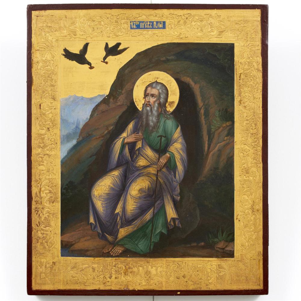 AN ANTIQUE RUSSIAN PAINTED AND GILT ICON Mid-19th century