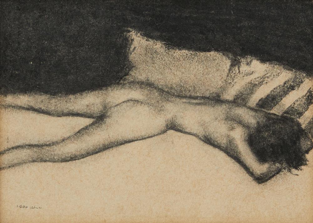 LEON HALL (born 1947) Nude and Cushions charcoal on paper 12.3 x 17cm (24 x 29cm framed)