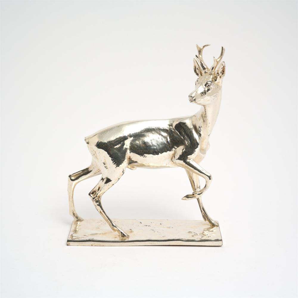 AN EARLY 20TH CENTURY SILVER PLATE DEER FIGURE, SIGNED DILLER H.25CM