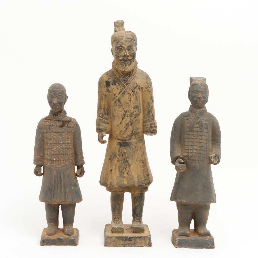 THREE TERRACOTTA CHINESE WARRIOR FIGURES (A/F) H.46CM (TALLEST)