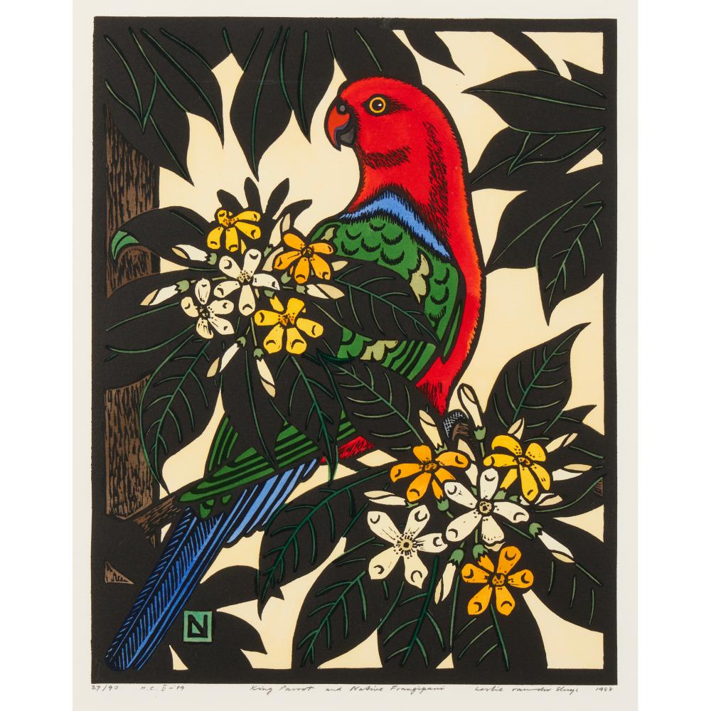 LESLIE VAN DER SLUYS (1939-2010) King Parrot and Native Frangipani 1988 hand-coloured linocut, ed. 27/90 39.5 x 31cm (image); 70 x 5...