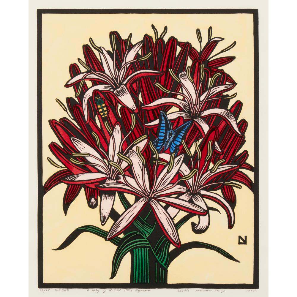 LESLIE VAN DER SLUYS (1939-2010) A Lily of New South Wales: The Gymea 1985 hand-coloured linocut, ed. 38/65 41 x 33cm (image); 70 x...