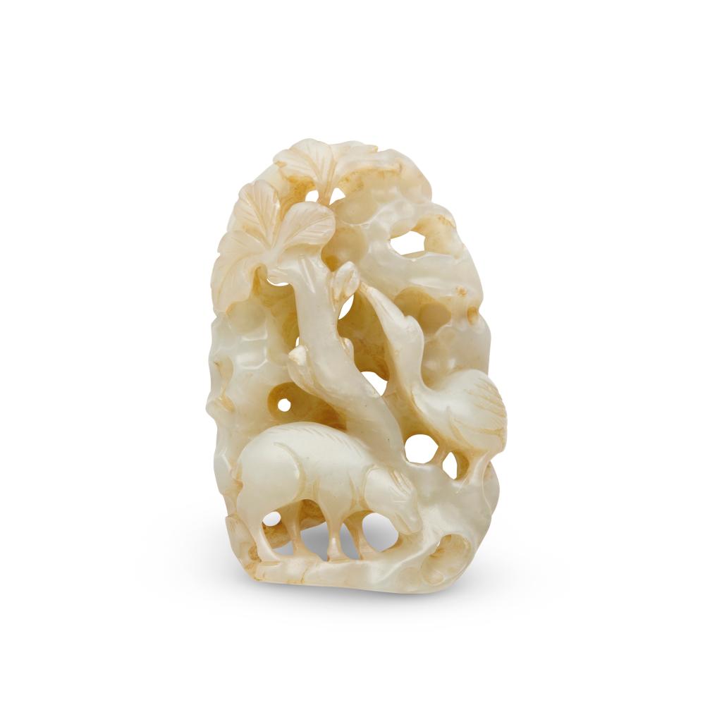 A CHINESE WHITE JADE CARVED OPENWORK "SPRING WATER AND AUTUMN MOUNTAIN" PLAQUE JIN-YUAN DYNASTY (1115-1368)