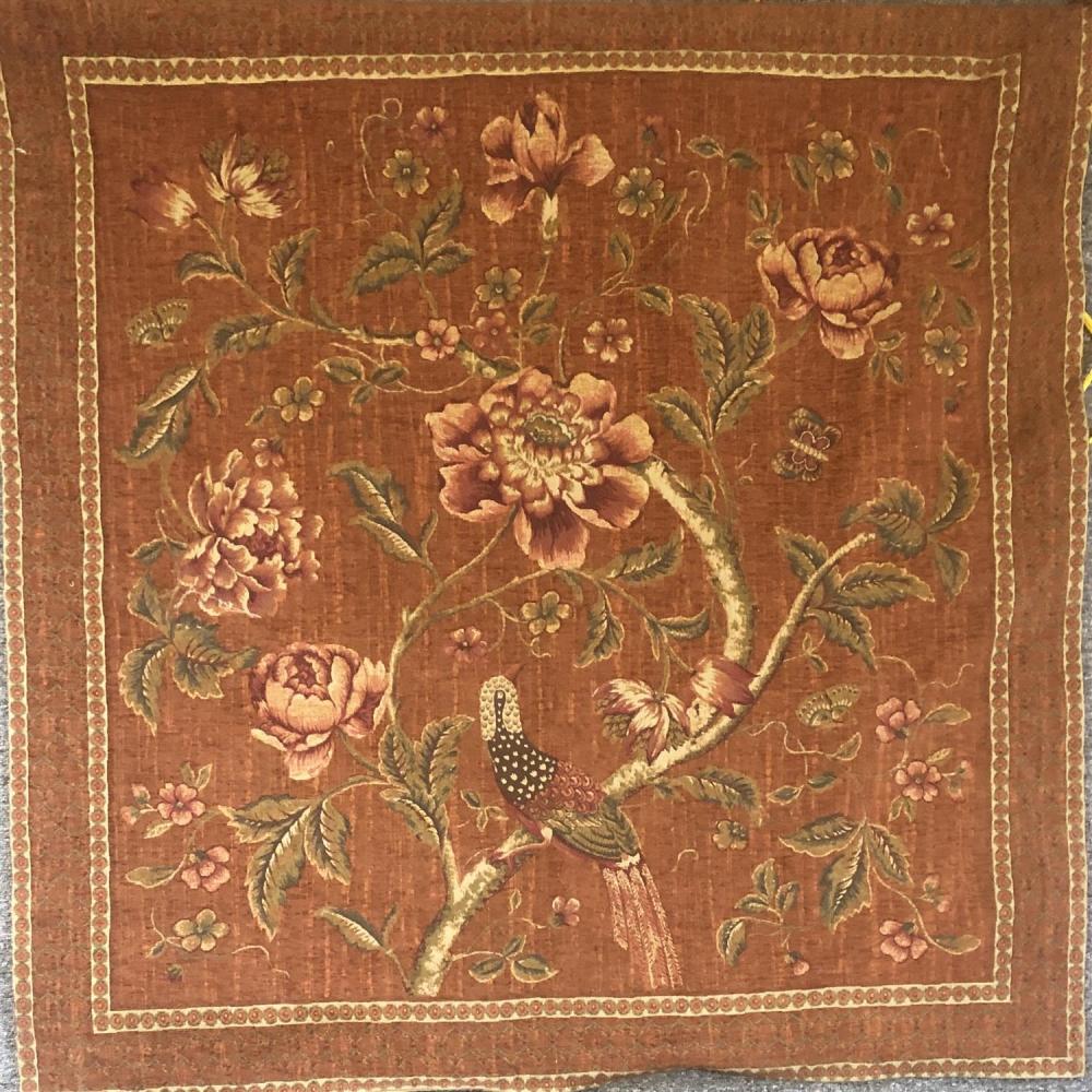 Wall tapestry depicting a floral and bird motif, includes hanging rod