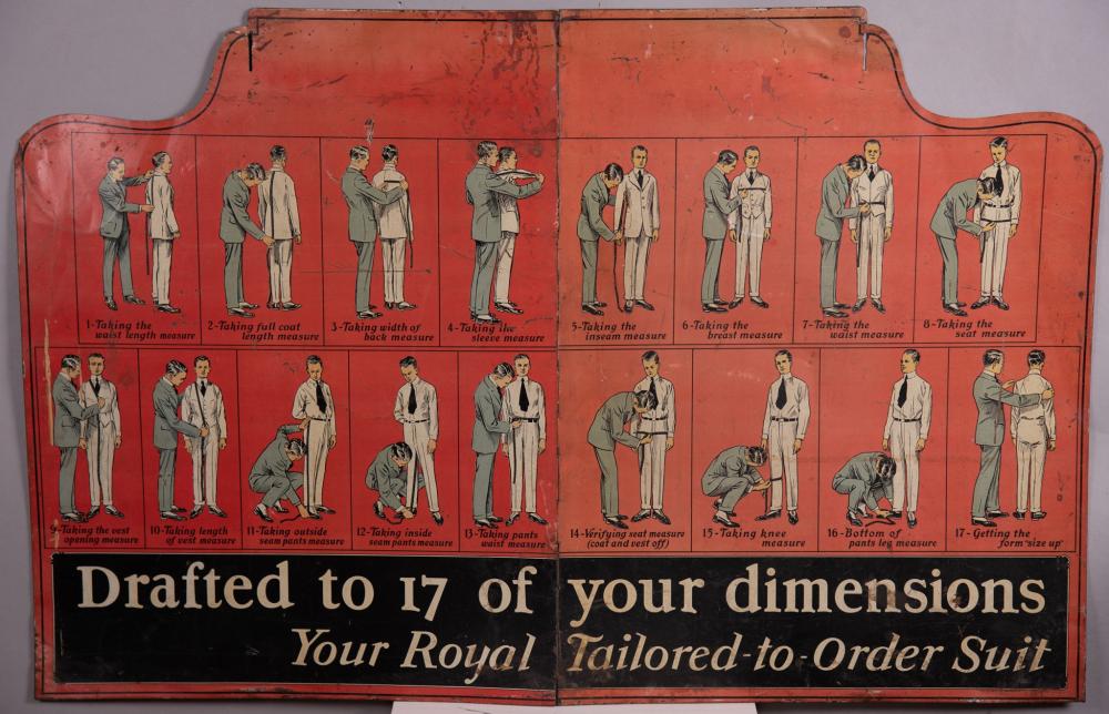 Late 19th - Early 20th Century Advertisement for a Taylor Featuring a Man Getting Fitted for a Suit