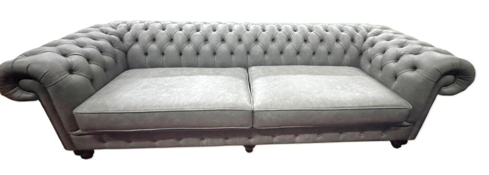 BUTTON TUFTED GRAY LEATHER SOFA