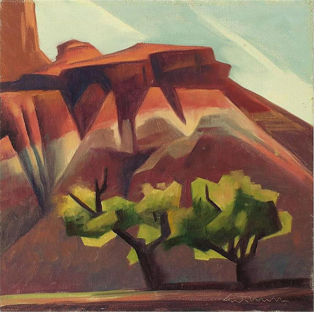 Ed Mell (1942-2024), Bentonite Trees, 2007, oil on canvasboard, 10 x 10 inches