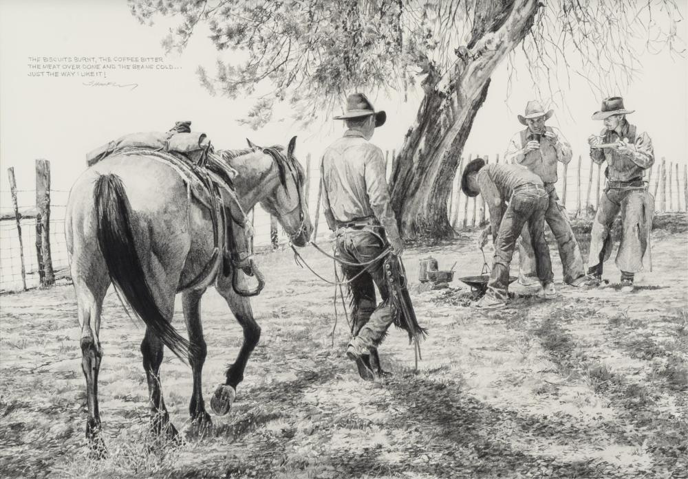 Robert "Shoofly" Shufelt (b. 1935), The Biscuits Burnt…, pencil on paper, 15 x 21 inches (sight)