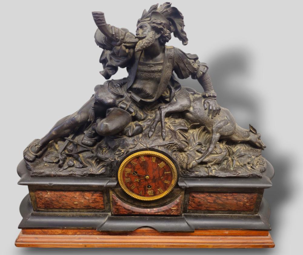 19th Century Riguet A. Paris Marble & Bronze Figural Mantel Clock