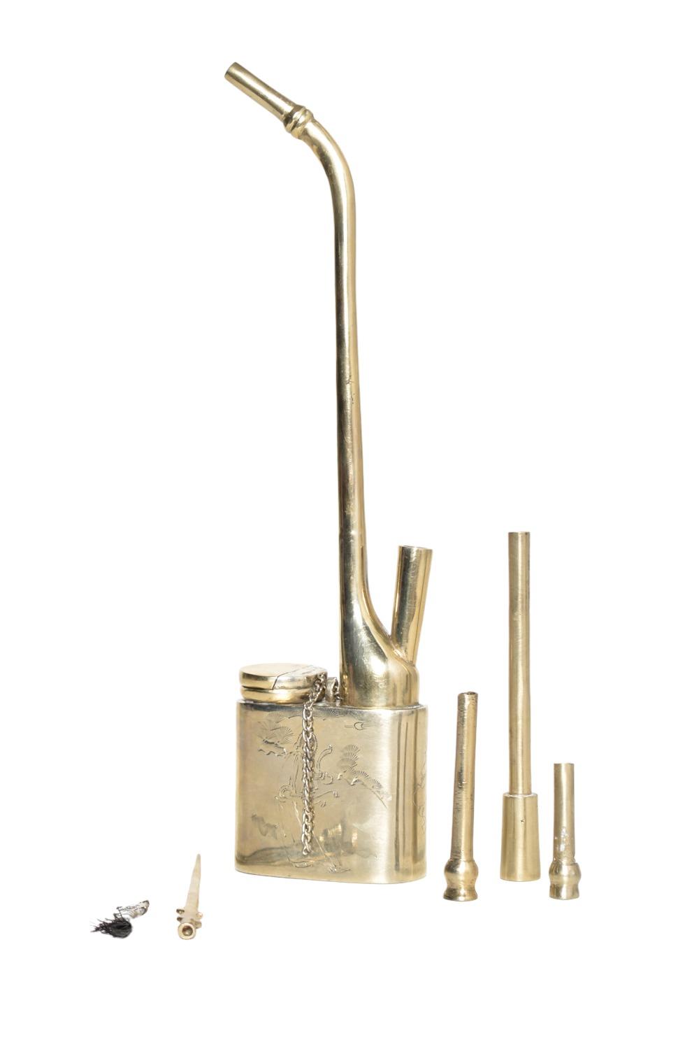 Chinese Brass Engraved Opium Pipe