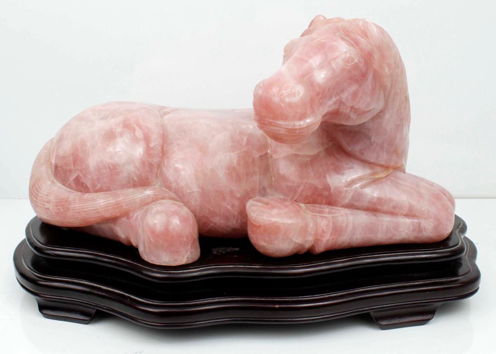 IMPERIAL CHINESE ROSE QUARTZ HORSE ON ROSEWOOD