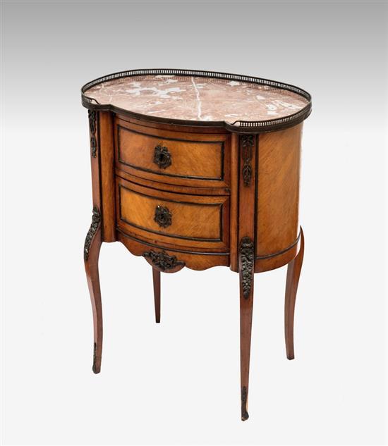 A French walnut marble top and ormolu kidney shaped table en chiffoniere c.1910,