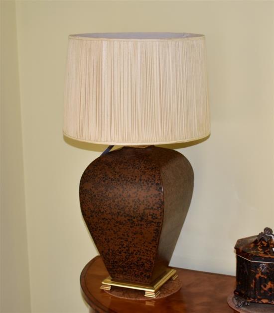A pair of Oriental vase style lamps the ceramic lamps of squared ovoid form, with crackled bronzed finish, on a laquered brass base,
