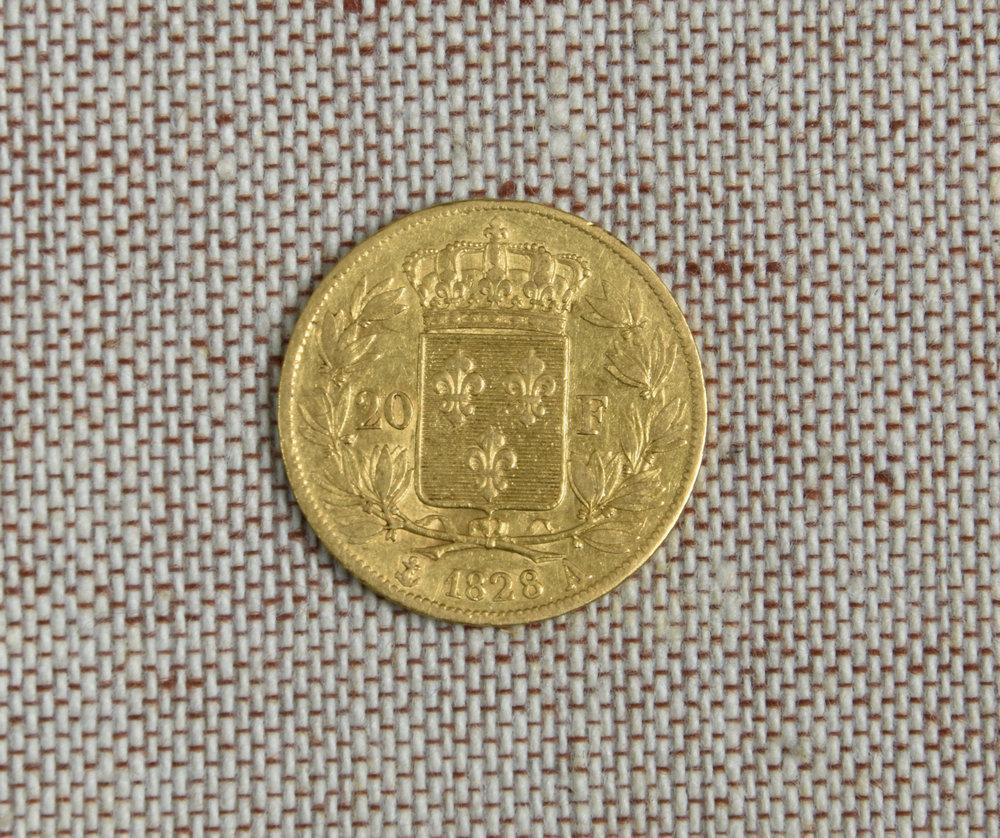 A French Charles X Gold 20 Franc 1828 coin 6.4 grammes.