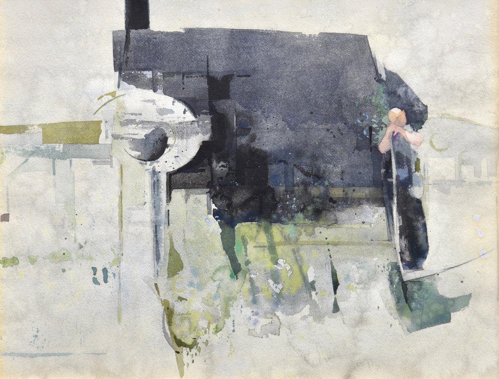 Frederick Sands RI (British, 1916-1992) Man with a Scythe watercolour, signed lower centre 15½ x 19½in. (39.5 x 49.5cm.)