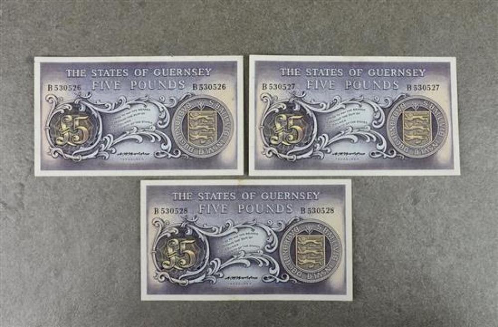 BRITISH BANKNOTES - The States of Guernsey - Five Pounds - Three consecutive c.1969, Signatory C. H. Hodder,
