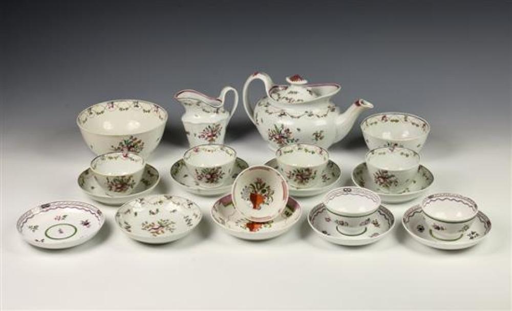 A New Hall hard paste porcelain part tea service c.1800, painted in pattern no. 241, comprising a teapot, cream jug,