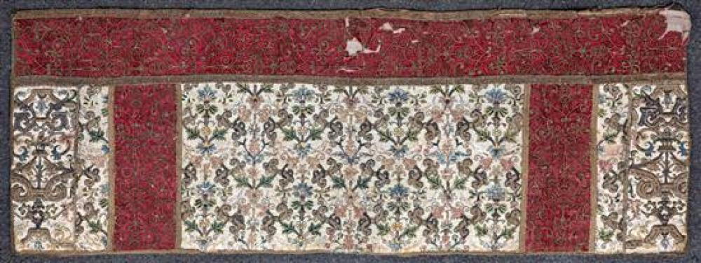 A large 17th century stump work and crewel work panel the central panel with stump and crewel work floral decoration on an ivory gro...