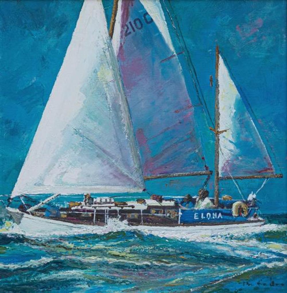English School, late 20th century The yacht Elona on a summer's dayoil on canvas,