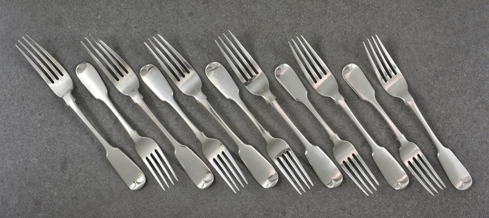 A set of six Victorian silver West Country Fiddle pattern dinner forks John Stone, Exeter, 1845, 8in. (20.3cm.) long,