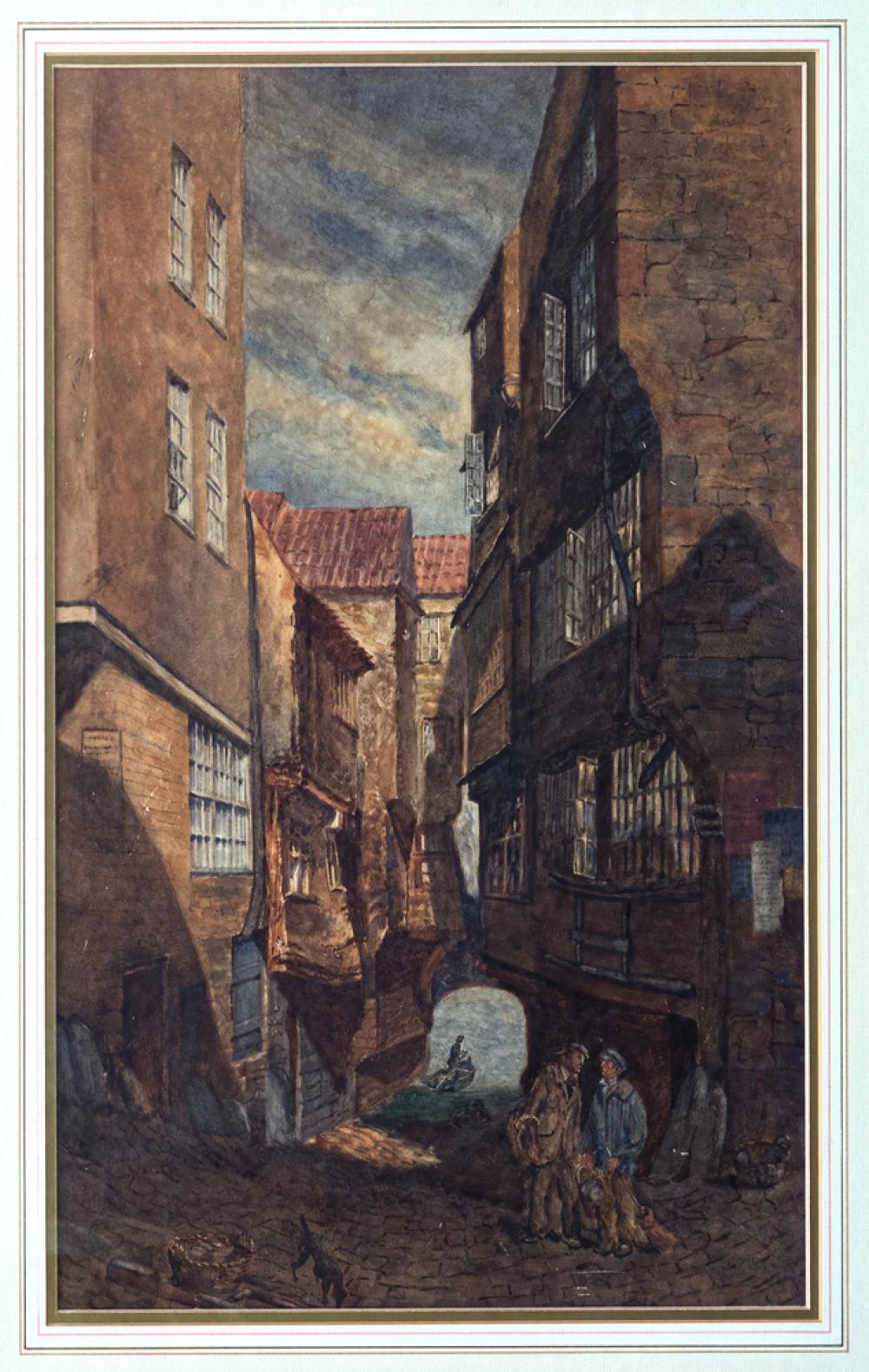 after Peter Le Lievre (British, 1812-1878) Cow Lane, St Peter Port, Guernsey watercolour 20¼ x 13¾in. (51.5 x 35cm.)