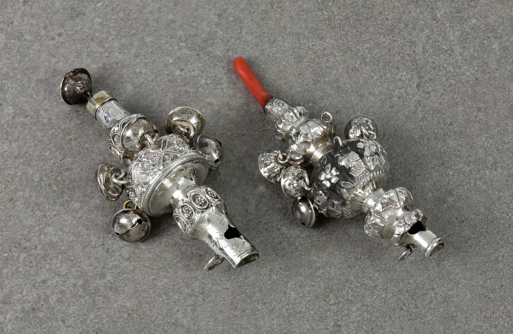 A William IV or earlier silver babies rattle with whistle terminal, stamped with maker's initials 'IB' for John Bettridge,