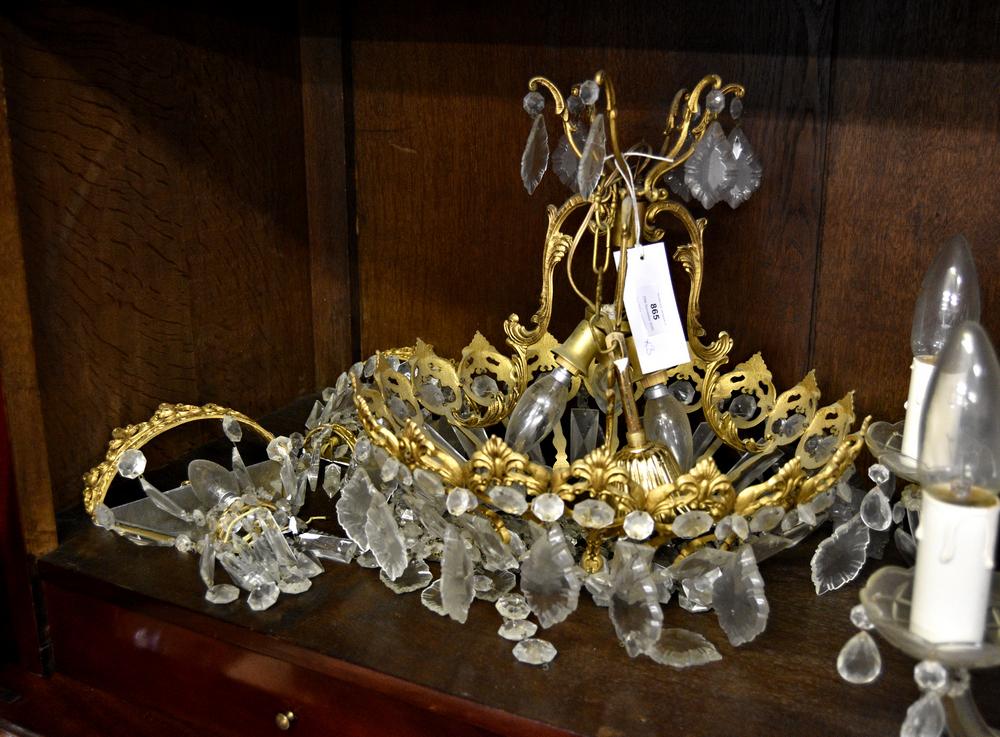 A gilt metal and cut glass bag style chandelier 1950s-60s,