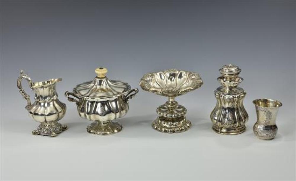 A small collection of 19th century Austrian silver comprising a lidded, twin handled sucrier of lobed melon form,