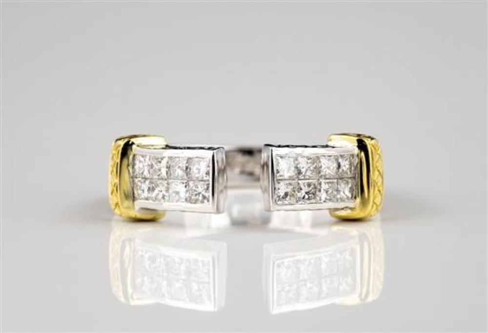 An 18ct two colour gold and diamond open ring the divided ring set with two sets of eight princess cut diamonds to either side,