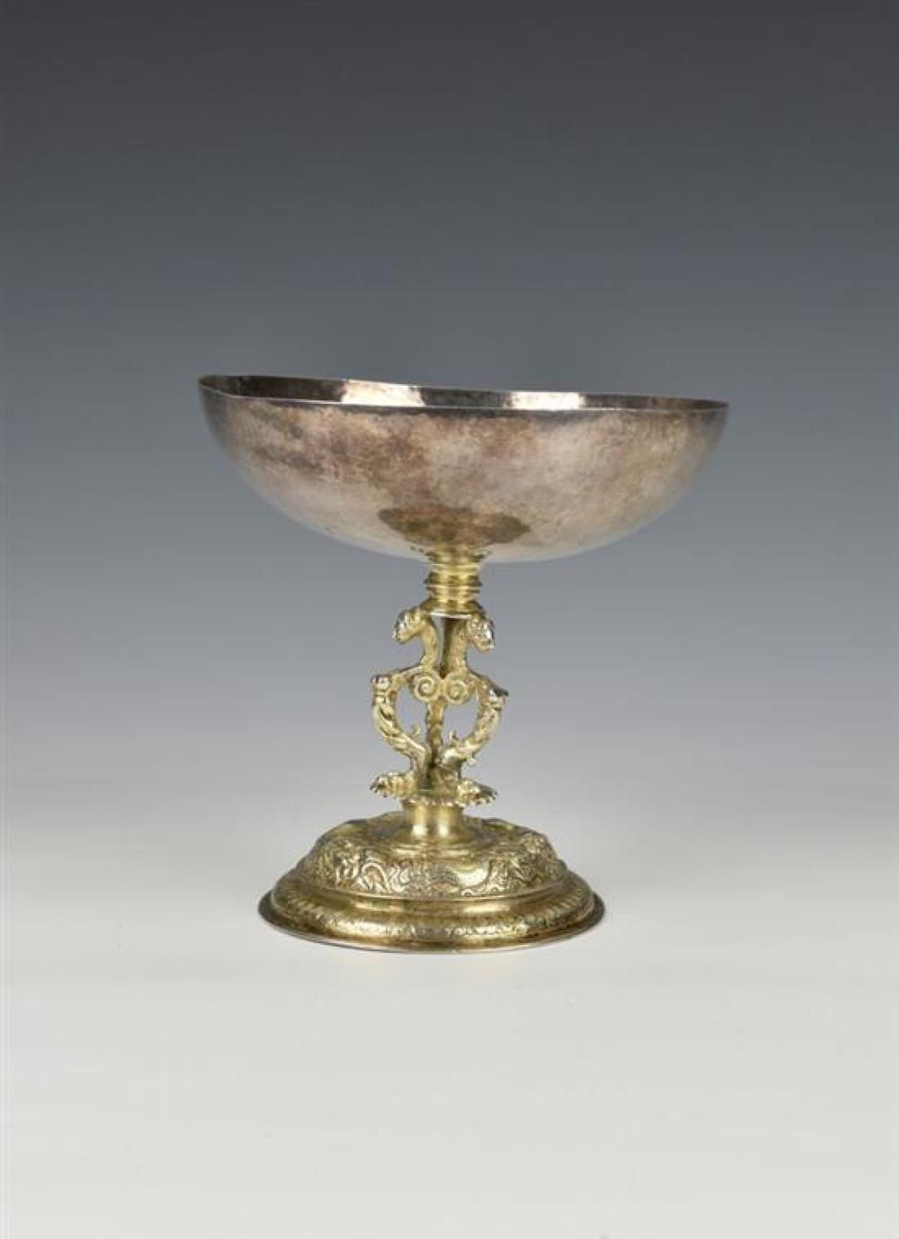 A 17th century silver parcel gilt chalice or communion cup - possibly Channel Islands two indistinctly struck marks to underside of...