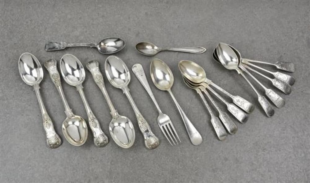 A small collection of silver teaspoons etc comprising of five Victorian Kings Hourglass pattern teaspoons by Henry Holland,