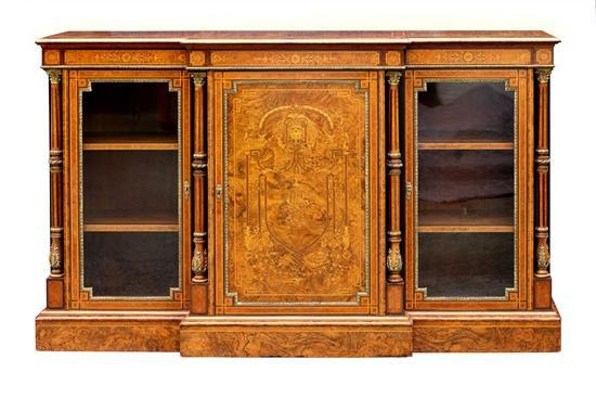 A fine Victorian figured walnut, marquetry, amboyna,