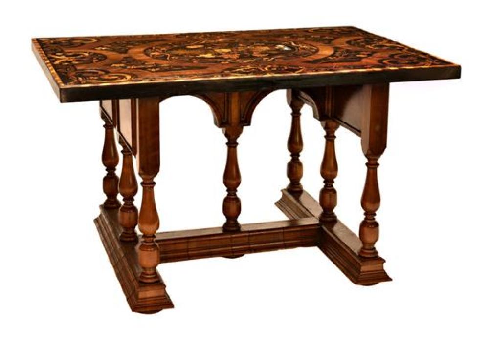 A North Italian 18th century and later marquetry top centre or library table the walnut, ebony,