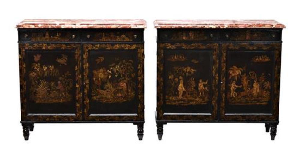 A pair of George III and later japanned side cabinets the moulded,