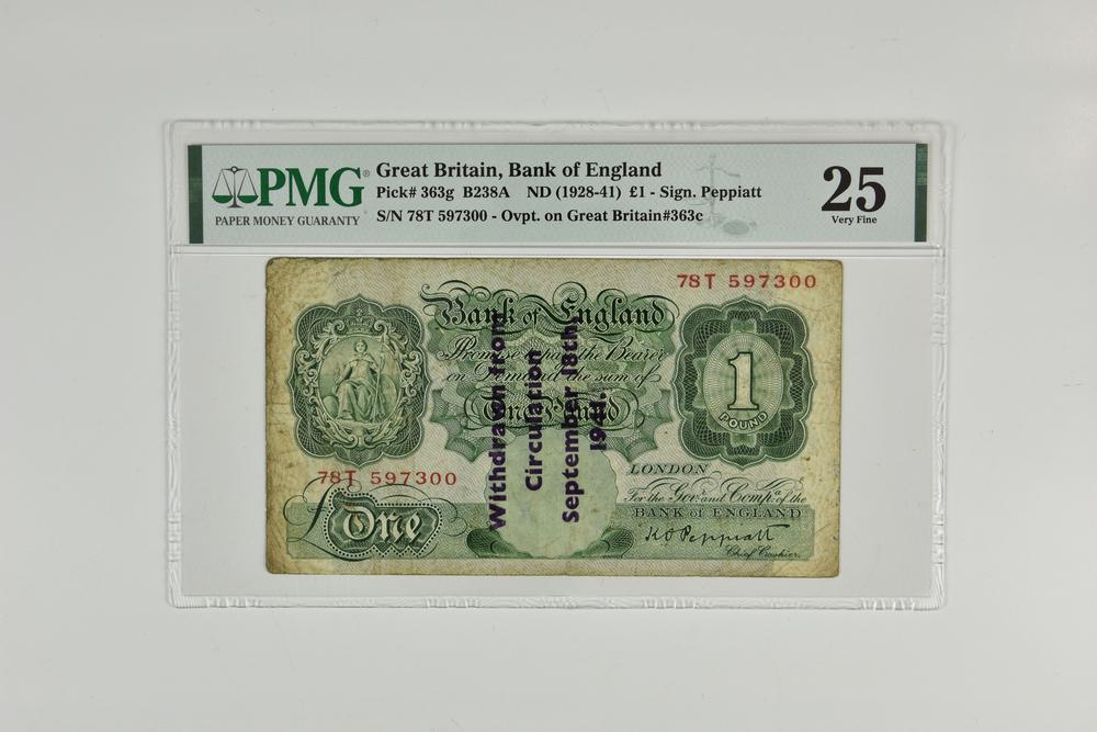 BRITISH BANKNOTE - The States of Guernsey OVERPRINT - Bank of England One Pound overprint - German Occupation interest green without...