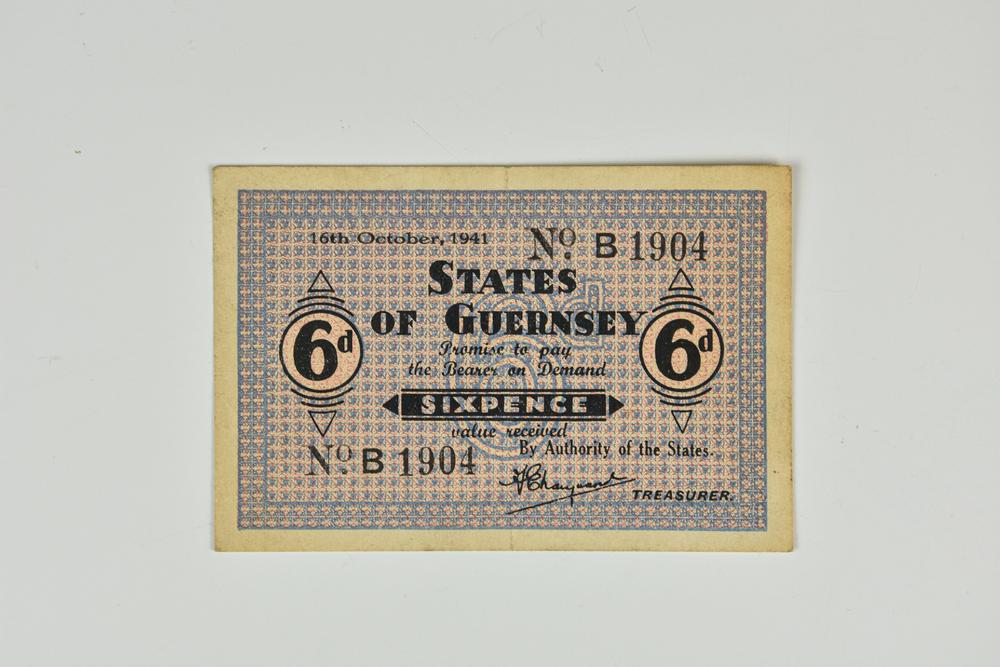 BRITISH BANKNOTE - STATES OF GUERNSEY - German Occupation Sixpence on French blue paper (faded), dated 16th October, 1941,