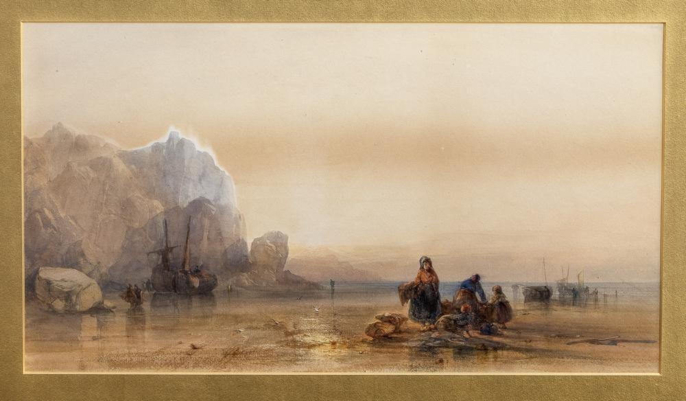English School (mid-19th century) Coastal view with Figures and Fishing Boats watercolour, circa 1840-60,