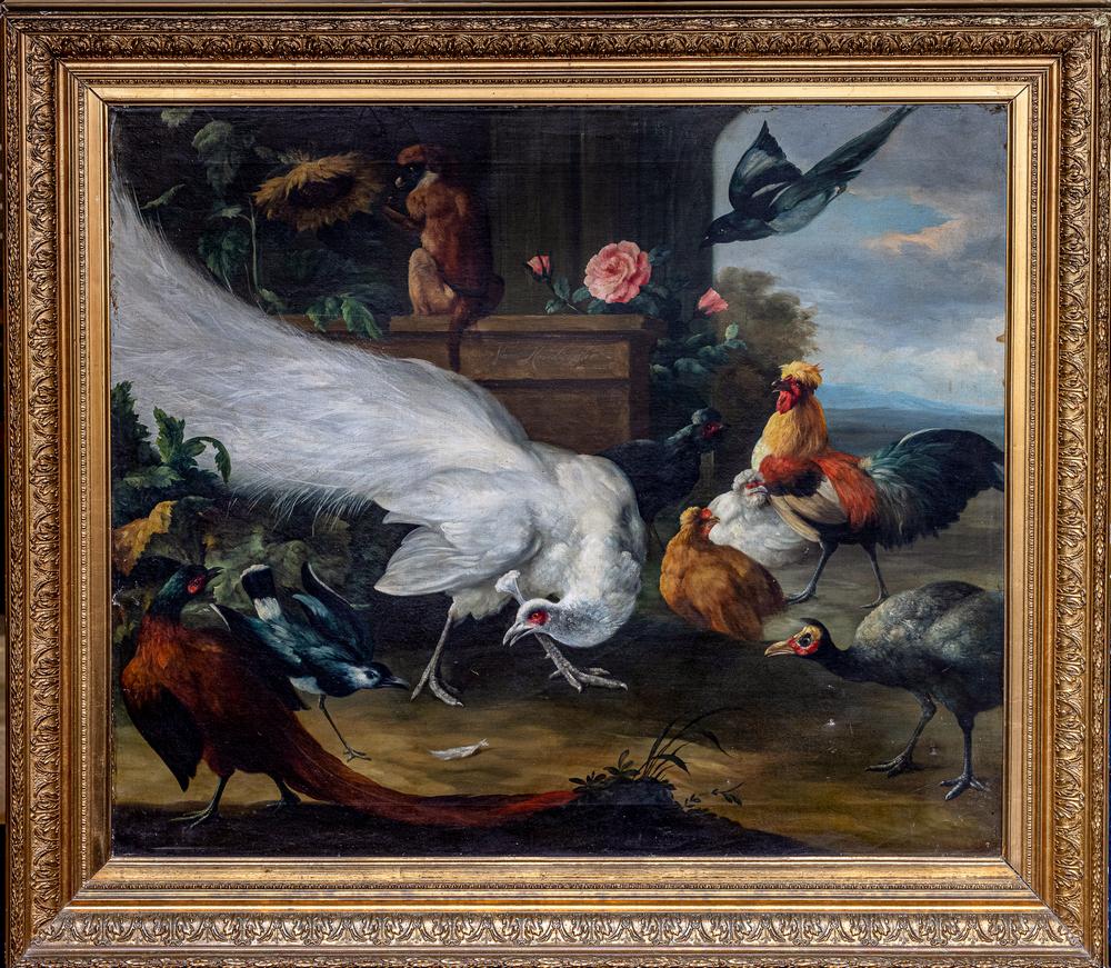 after Melchior D'Hondecoeter (20th century) The white peacock, with a pheasant, lapwing, magpie,