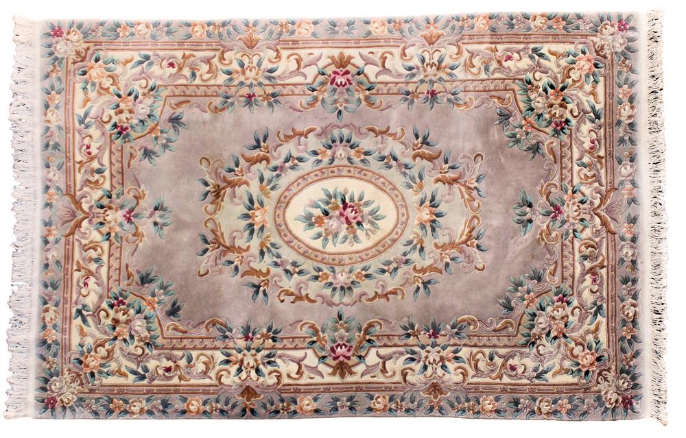 A Chinese 'Kayam' wool rug late 20th century, Aubusson style with ivory and pale green floral medallion and borders,