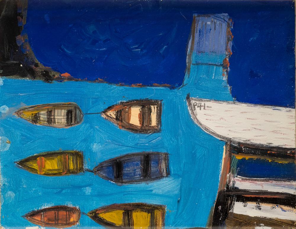 English School (21st century) 'Six boats Penzance Harbour' oil on canvas board,