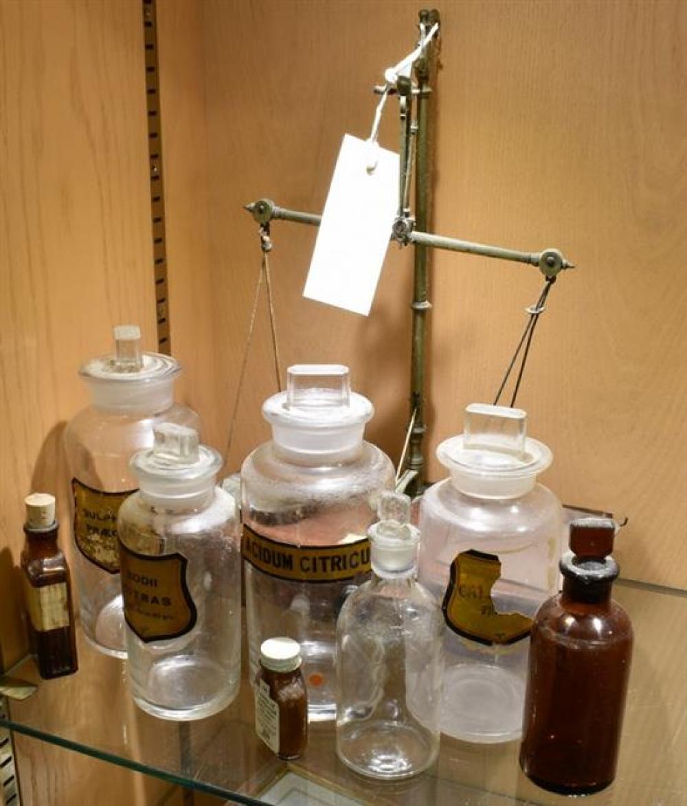 A set of apothecary beam balance scales by S. Maw son & Sons ltd with weights, together with various apothecary jars etc. (qty)